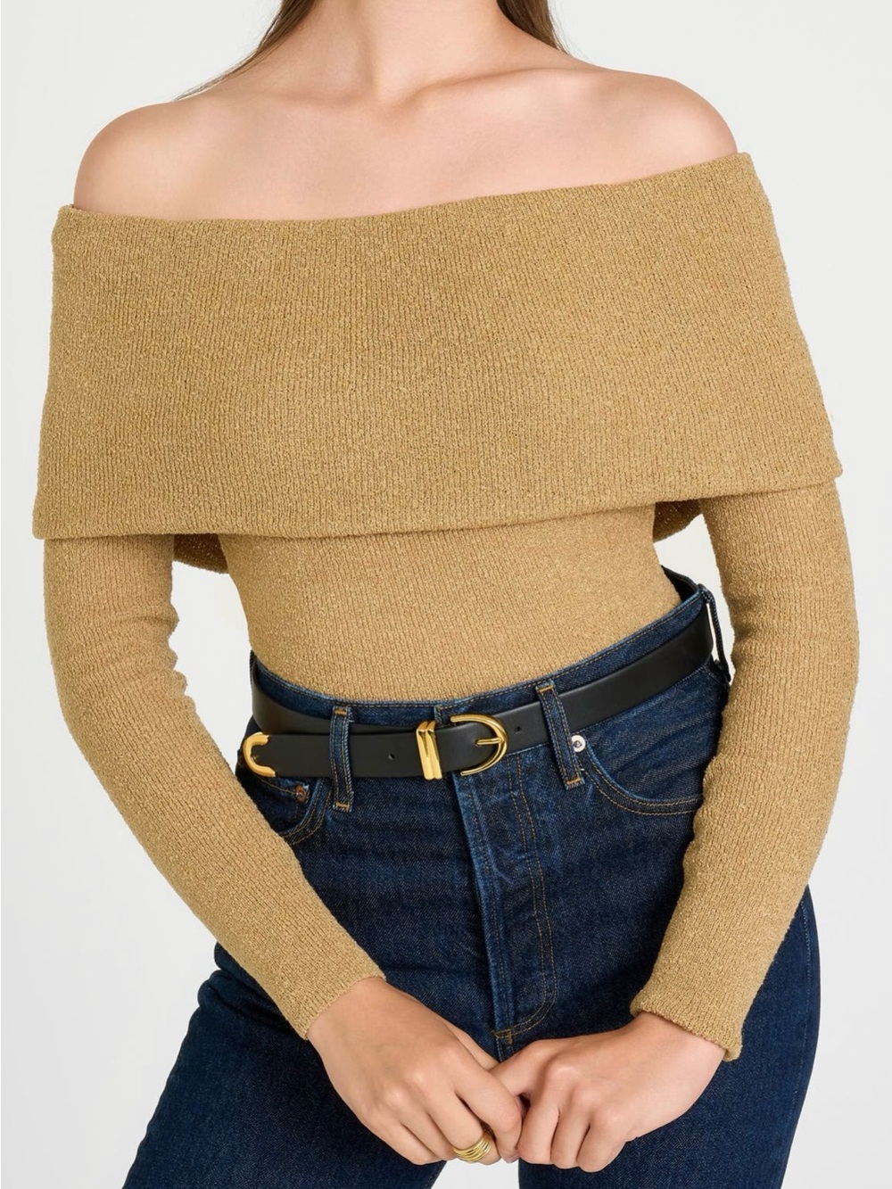 Wayf Taupe Off-the-Shoulder Fold-Over Sweater - Size S